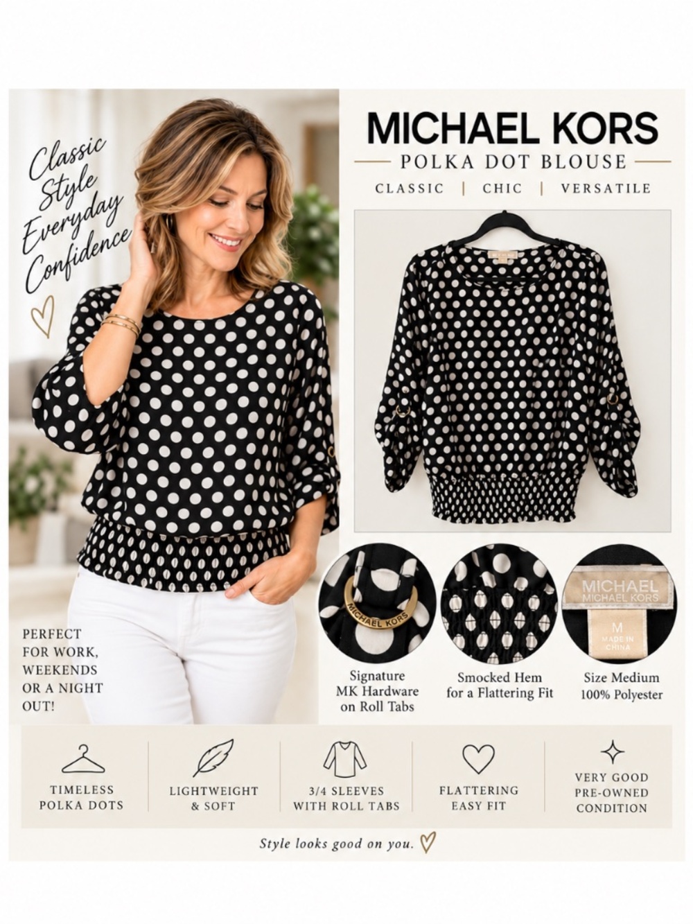 Michael Kors Black & White Polka Dot Smocked Hem Blouse M